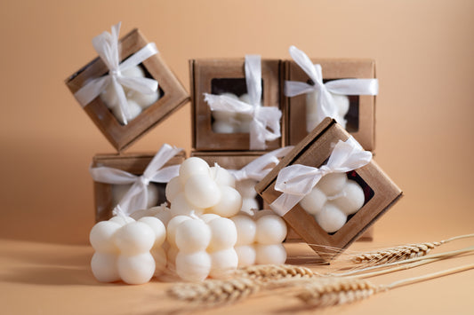 Mini Bubble candle in a brown box. Used for favours for baby shower, wedding, christianing